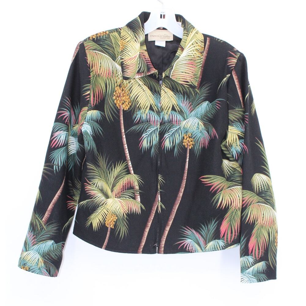 Painted Pony Zip Tapestry Jacket Tropical Palm Trees Size Small